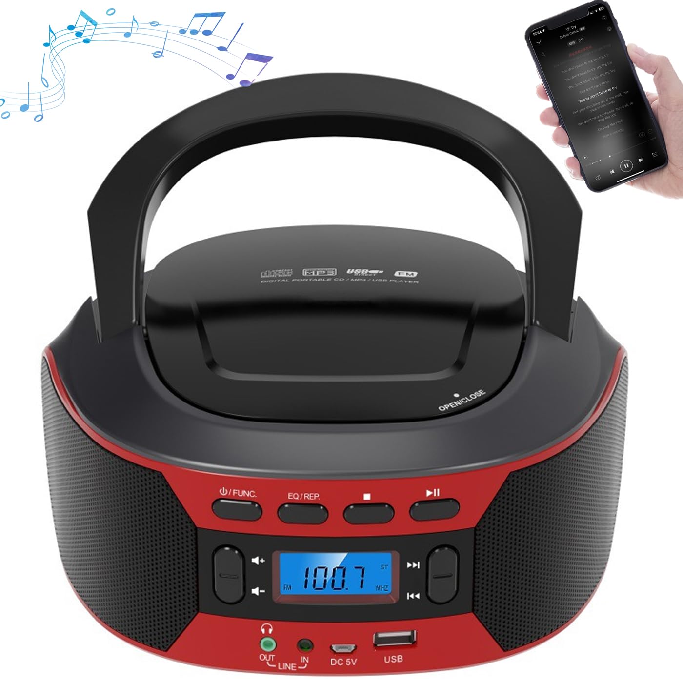 Lettore CD portatile Boombox con Bluetooth, AUX, USB, radio FM, jack per cuffie, uso domestico e esterno, alimentazione a batteria