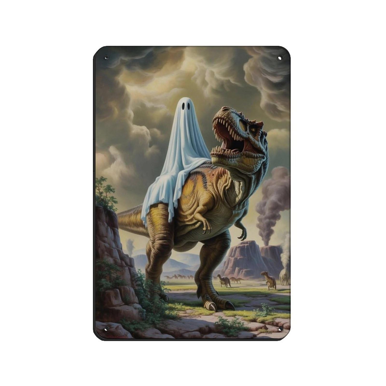 Ghost Riding A Dinosaur Poster Retro Poster Metal Tin Sign Chic Art Retro Iron Painting Bar People Cave Cafe Family Garage Poster Wall Decoration 8x12inch(20x30cm)