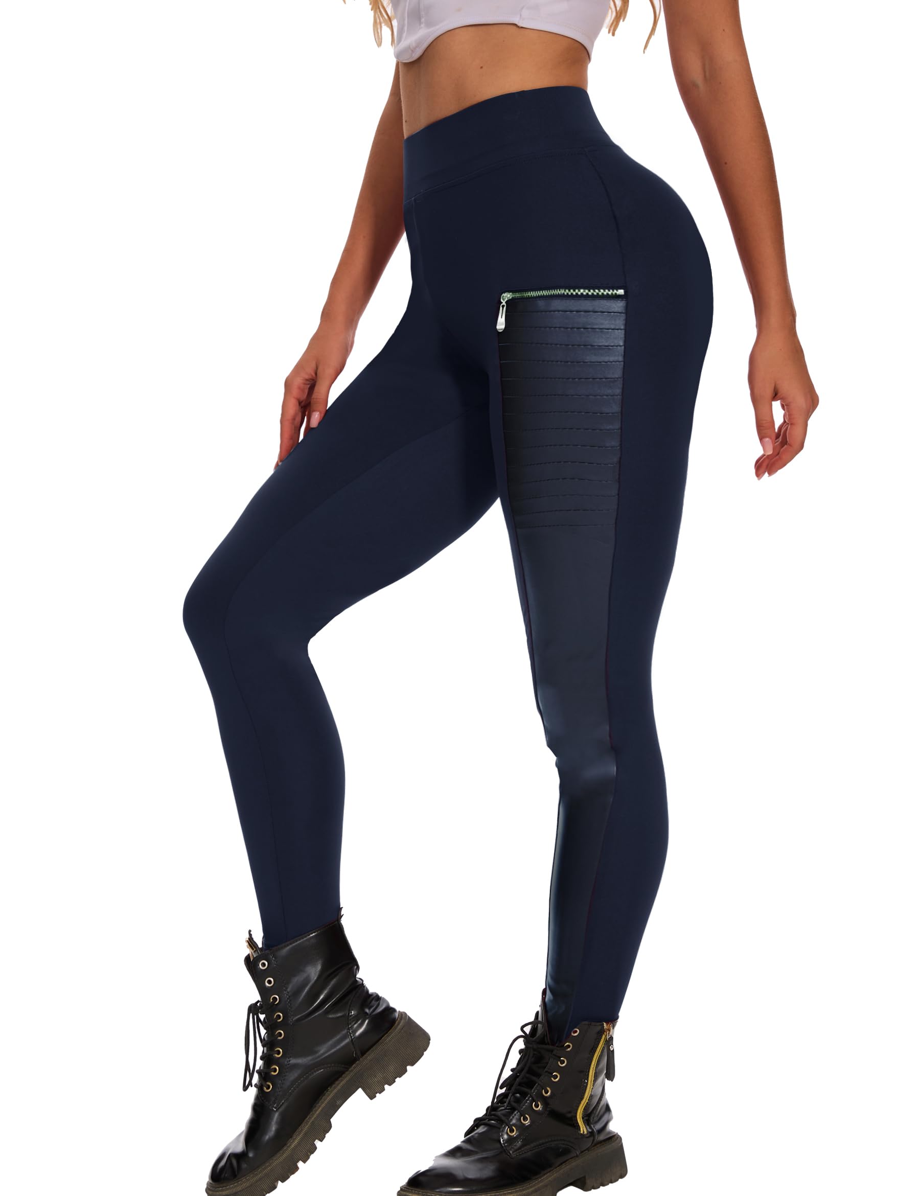 DAOAO Faux Leather Leggings for Women Pleather Pant Elastic Mid Waisted Stretchy Patch Zip Tights: X-Large Navy