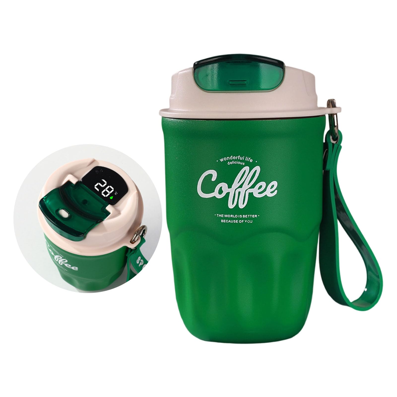 Elnwnnkc Insulated Travel Mug Stainless Steel Coffee Cup with Carry Strap, Drinking Lid and Compact Desk Drink Carry Use Compact Daily Tea Water