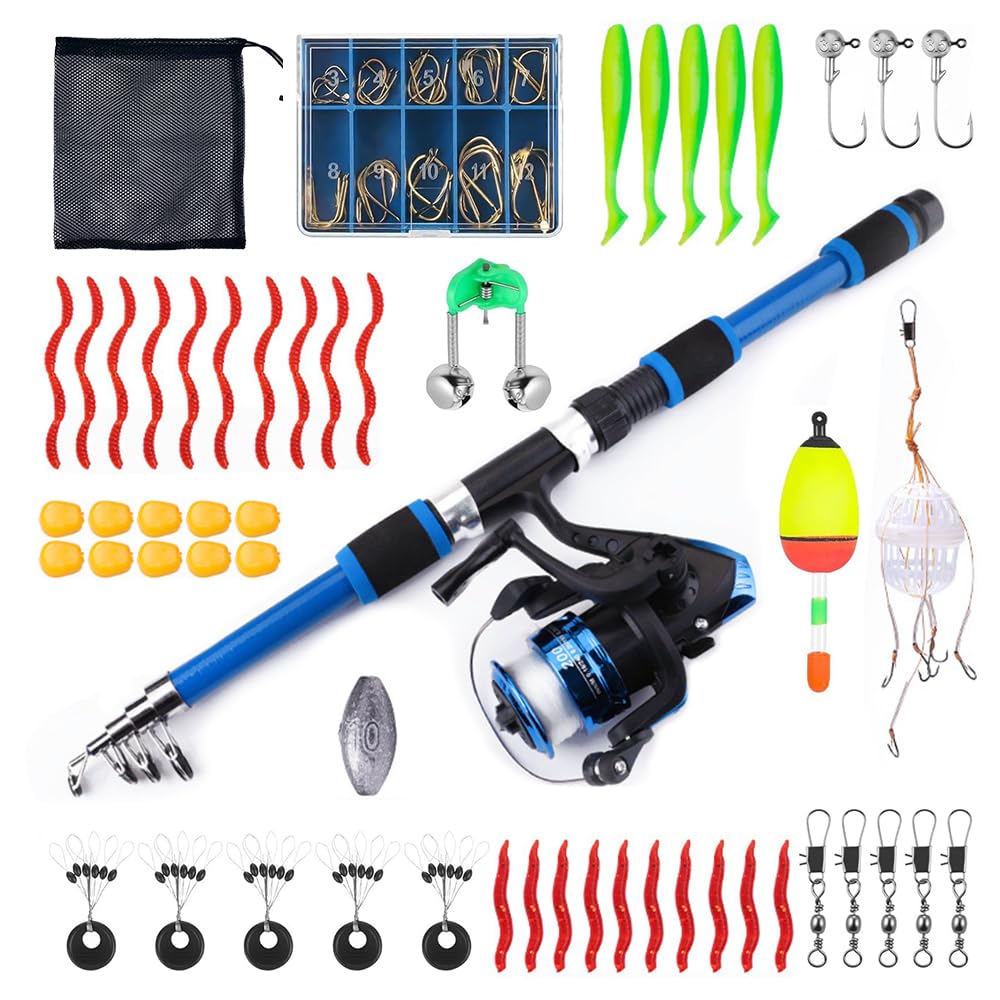 RNPKZ Kids Fishing Rod Starter Set, 1.8M Telescopic Fishing Rod & Reel Combo Set, Kids FishingPole Sets with Spinning Reels,Full Kits Lure Case & Portable Carry Bag for Starter Travel Saltwater (Blue)