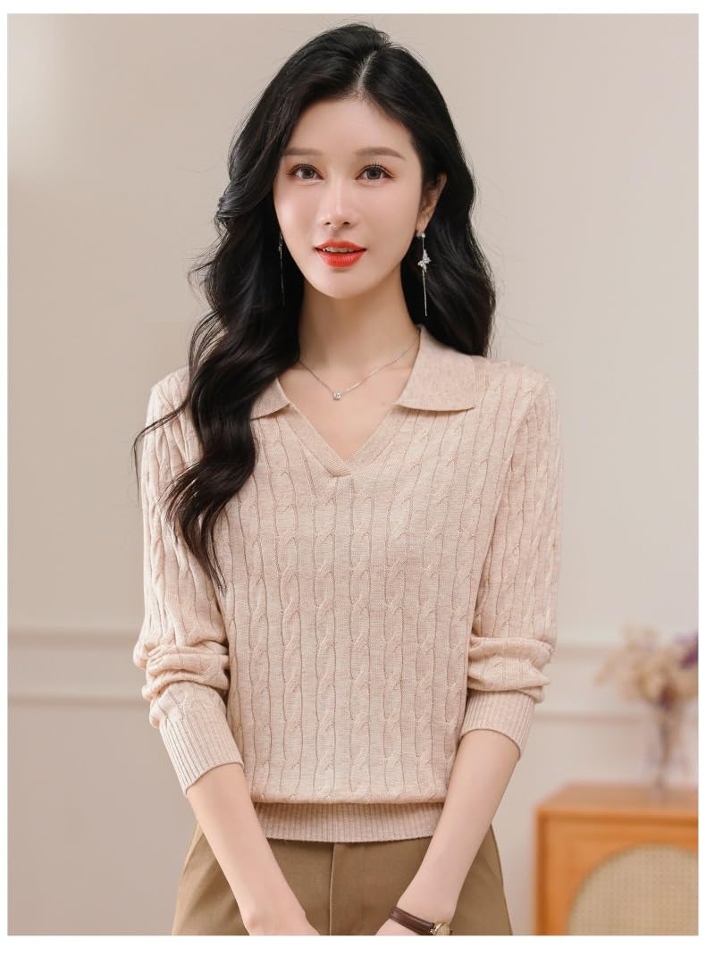 Maglioni da Donna con Scollo a V, Maglione Lavorato a trecce, Pullover Casual Elegante, Top Autunno Inverno alla Moda(Beige,M)