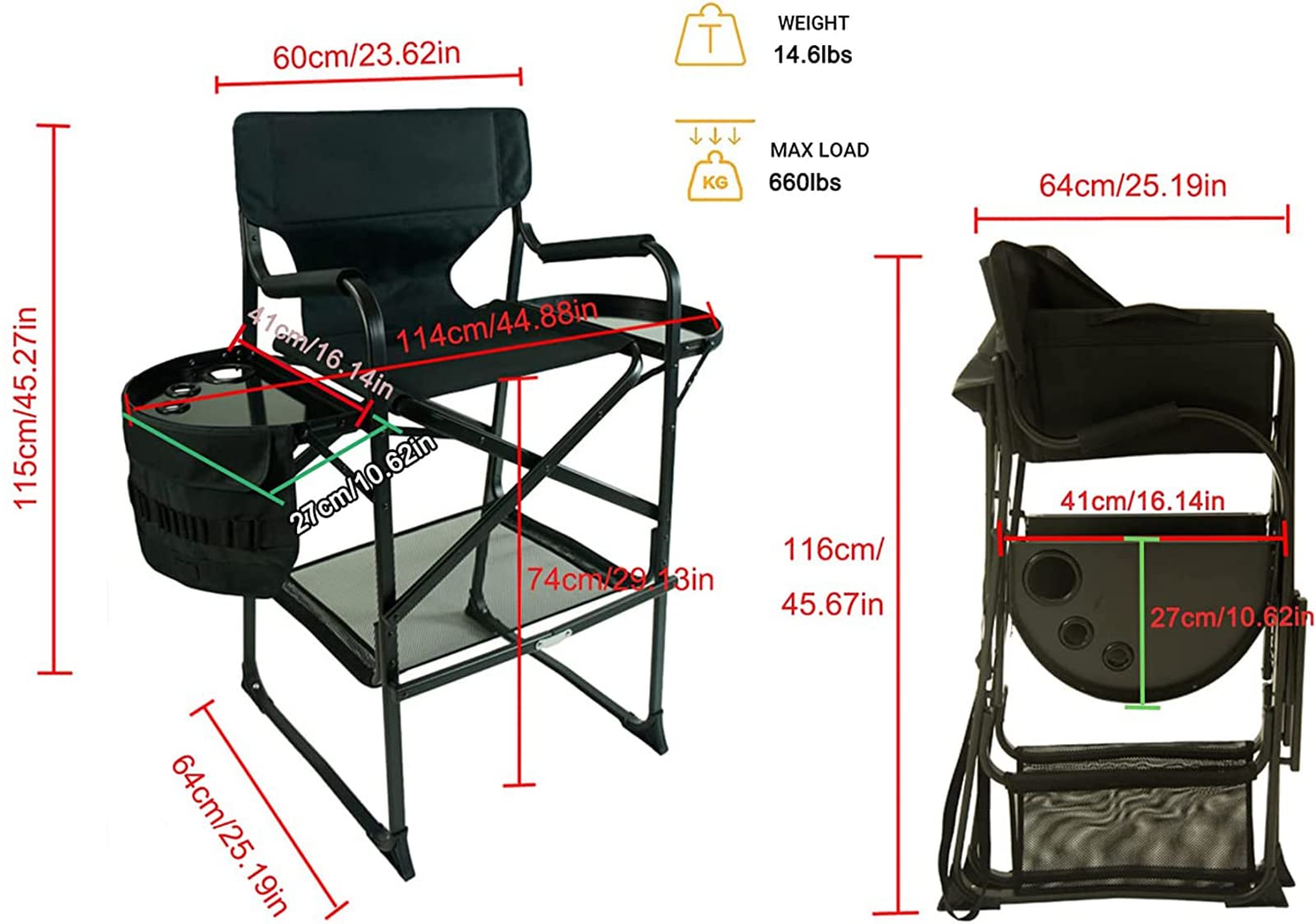 Sedia da regista alta pieghevole per artisti, sedia portatile da campeggio, 272 kg, con poggiapiedi, ideale per cinema, giardino, spiaggia, colore nero