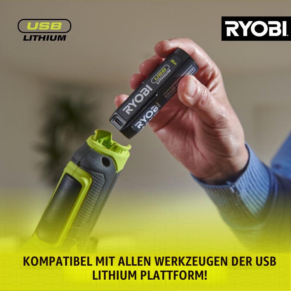 RYOBI 4 V USB-LITHIUM Akku-Lupenleuchte RML4-120G, 240 Lumen, inkl. 1 x 4 V 2,0 Ah Lithium Akku und Ladegerät
