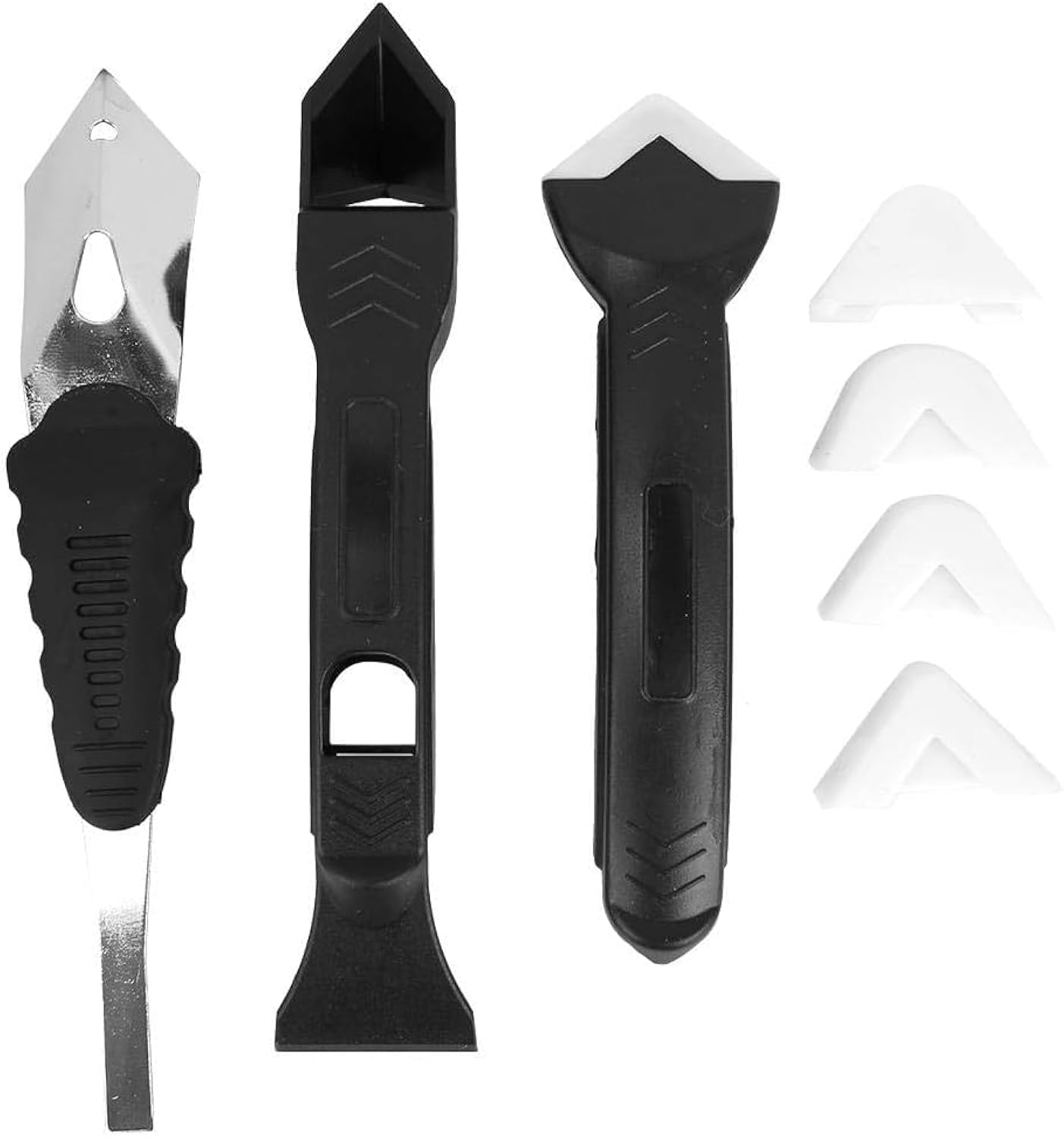 Caulking Tool 3 in 1 Silicone Sealant Remover Shovel Reuse and Replace 5 Silicone Pads Glass Cement Caulk Grout Scraper for Any Edge Angle Joint Bathroom Kitchen Sealing Hand Removal Kits