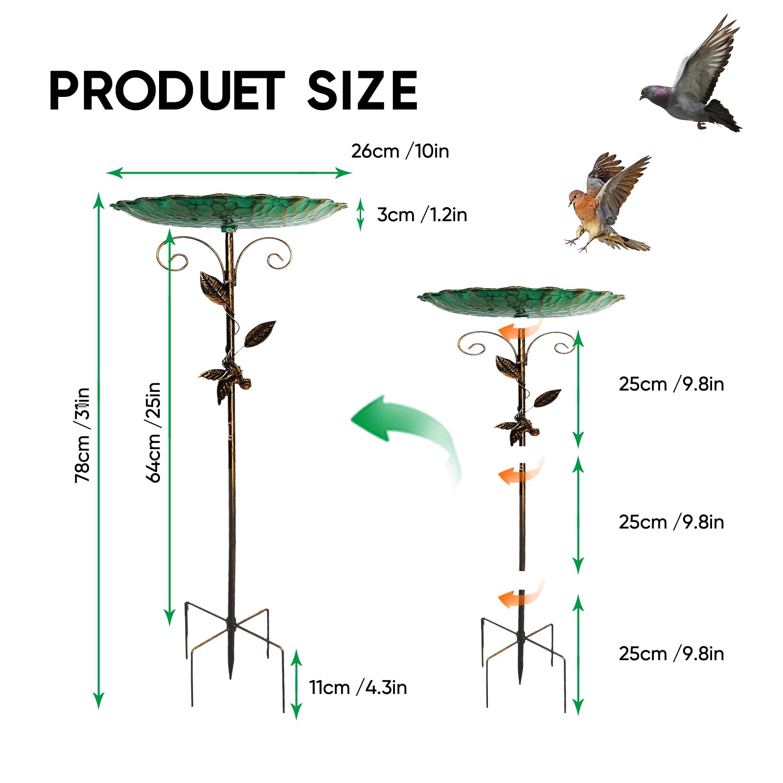 Pajaros Exterior De Gran Tamaño, Con Una Base Robusta De Cinco Patas, Bebedero Para Pájaros De Estilo Retro De Metal De 78 Cm, Resistente Al Frío, Bebedero Vertical Para Jardín
