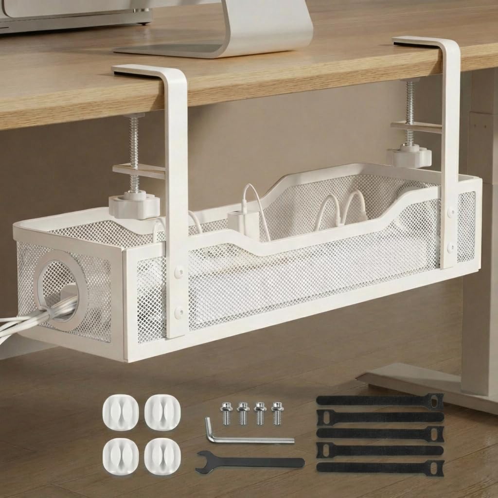 Herrlich Homes Cable Management Under Desk for Easy Mounting Under-Table I Metal | Set of 1 I Desk Organizer for Office/Home | Thoughtful Cable Tray Holder | White-image-37