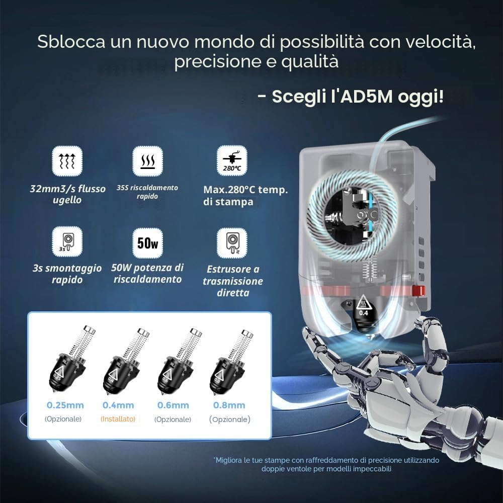 FLASHFORGE, Adventurer 5M, stampante 3D, 600 mm/s alta velocità, livellamento automatico 1 clic, estrusore diretto, ugello rimovibile 280 °C, piastra rivestimento PEI, stampa 220 mm x 220 mm x 220 mm