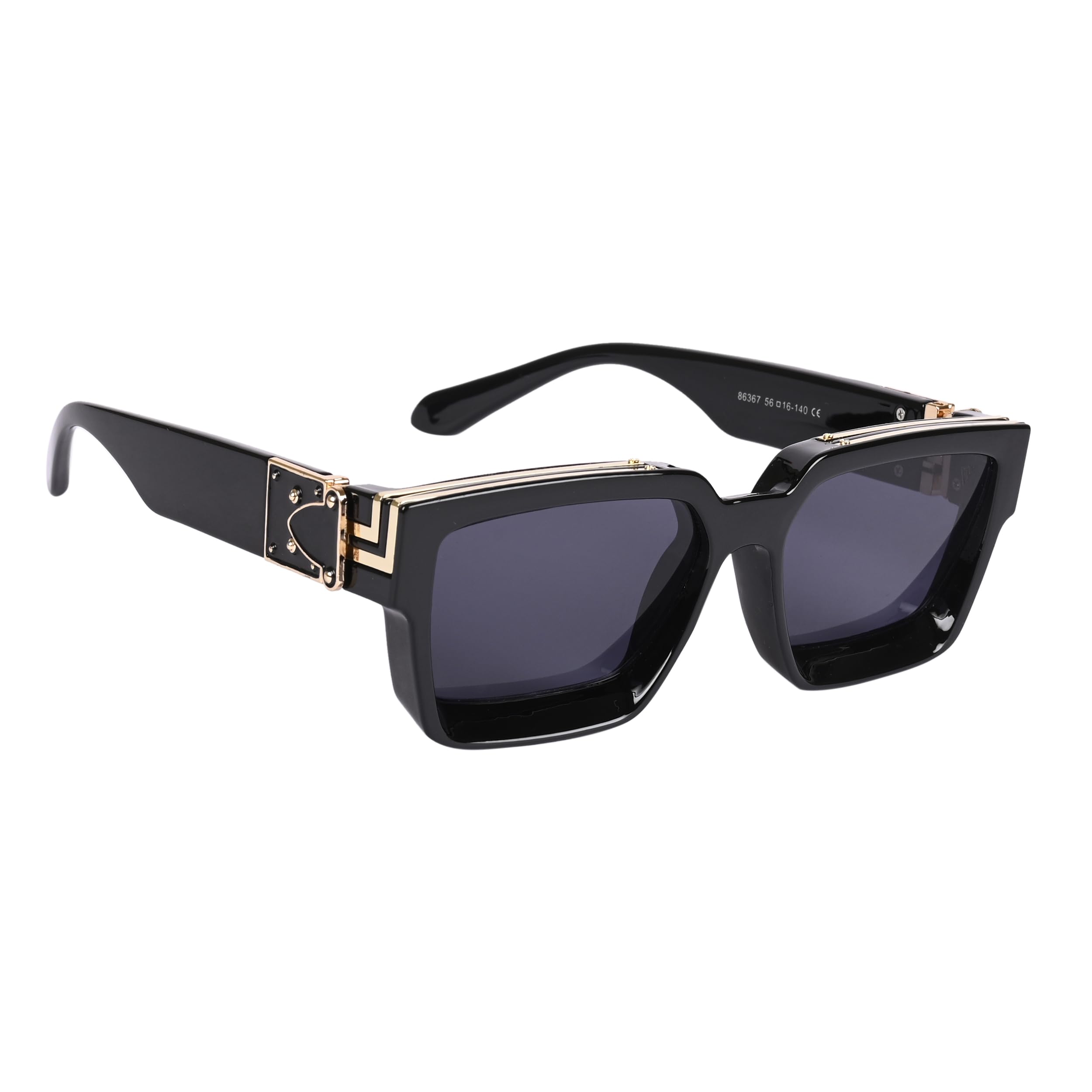 Square Non-Polarized Sunglasses for Men & Women (Black Lens | Black & Golden Frame - 86367MG5175)