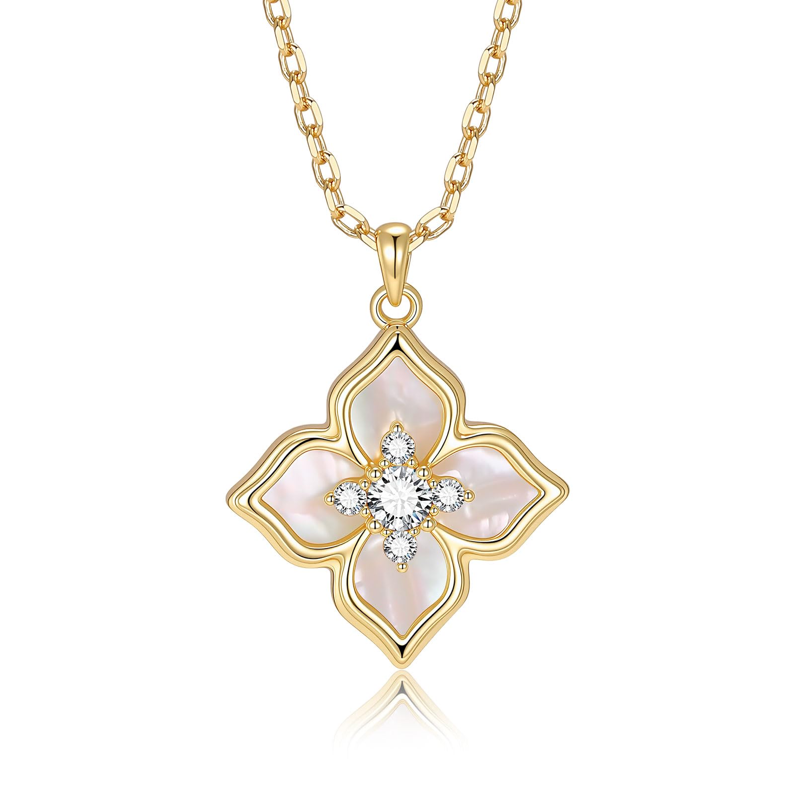 VNOX Kette Damen Halskette mit Kleeblatt Gold - Vierblättriges Glücksbringer Anhänger Zirkonia, Kleeblatt Halskette Damen Schmuck Clover Perlmutt, Charm Statement Kette für Frauen Women Modeschmuck