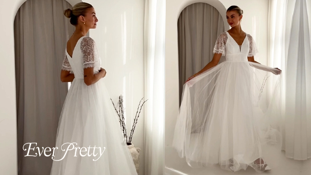 Amazon.com: Ever-Pretty Women's Lace Short Sleeve V Neck Wedding Dress A  Line Floor Length Empire Waist Bridal Gown White US02 : Clothing, Shoes &  Jewelry