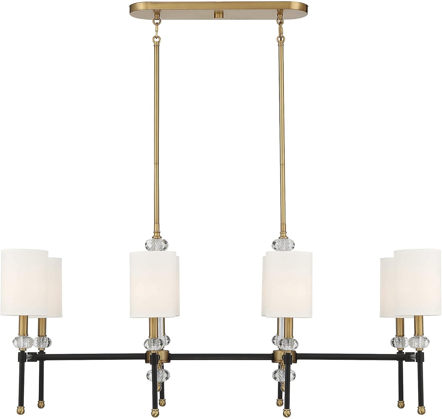 Savoy House 1-1889-8-143 Tivoli Traditional White Fabric Linear Chandelier Clear Crystal Accents, 8-Light 480 Total Watts, 16" H x 42" L, Matte Black & Warm Brass