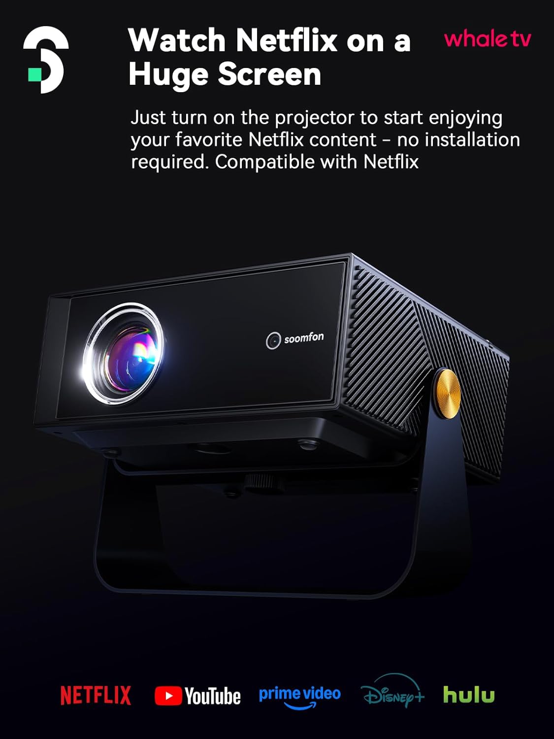 SOOMFON SK3 Smart Projector with WiFi and Bluetooth 1080P Native HDR10 - Portable Outdoor Movie Mini Projector with Stand Auto Focus & Keystone, Zoom for Home/Bedroom Compatible with Netflix