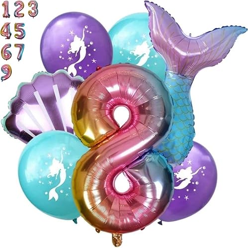 DIWULI Juego de decoraciones de cumpleaños de sirena globo rosa con el número 8, globos de sirena, decoraciones de fiesta bajo el mar, decoraciones