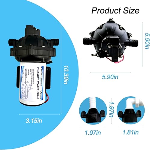 Miniatura 2 de Bomba de diafragma de presión de agua de 12 V, 5 cámaras, 6.5 GPM70 PSI bomba de agua autocebante para autocebante RV incluye, bomba de