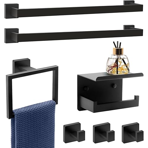 Matte Black Bathroom Hardware Set Towel Bar Set Black Bathroom Hardware Accessories Set with Towel Bars, Stainless Steel Wall Mounted Bathroom Towel Rack Set Square