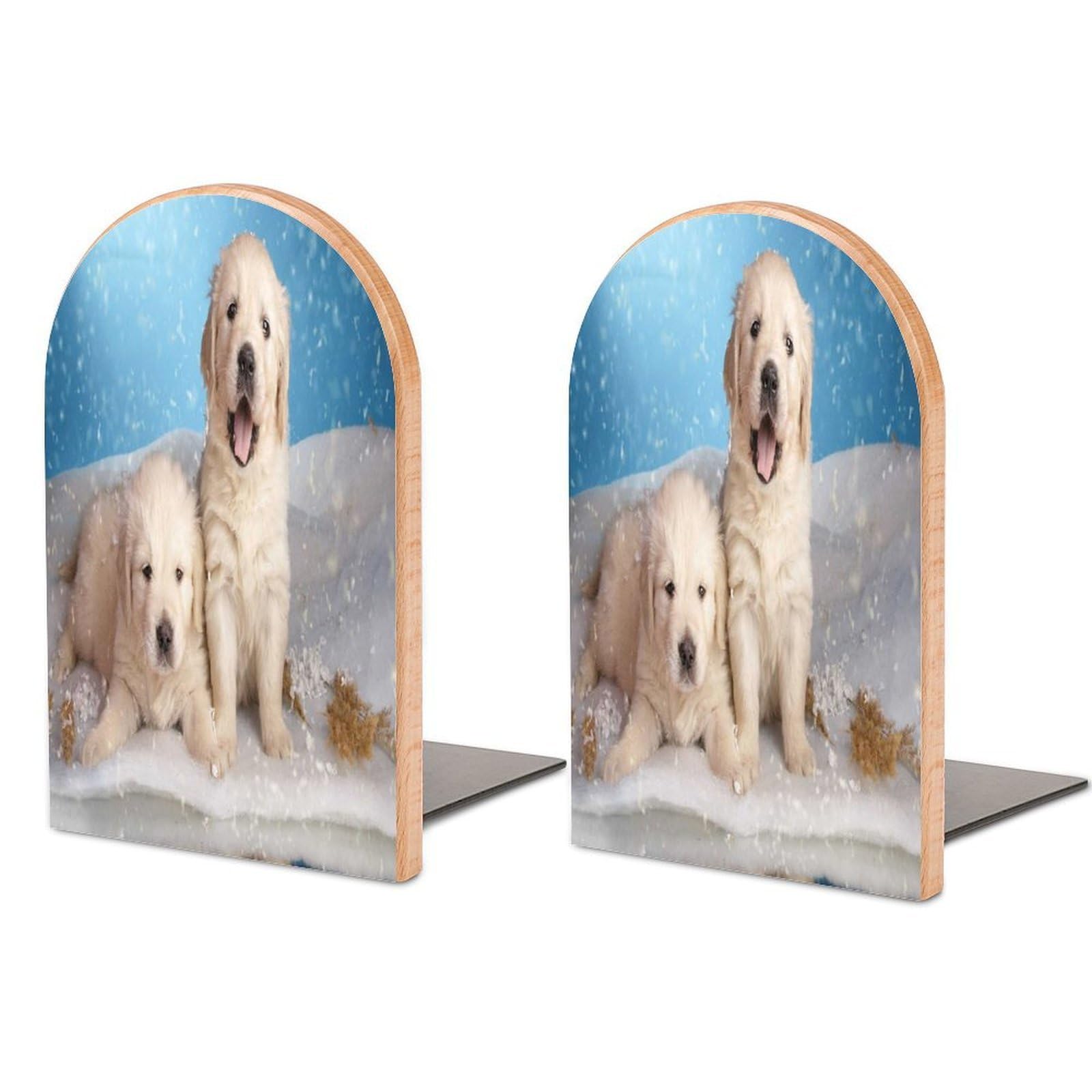 Two Golden Retriever Puppy Under Snow Funny Smiling Beech Wood Bookends Heavy Duty Book Organizers Desktop File Holder for Office Home Bookshelf