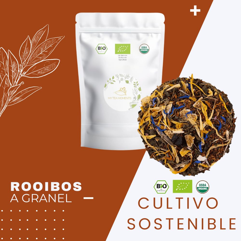 Rooibos de Mango y Naranja a Granel 100 Gramos - My Tea Moments - Cultivo Sostenible - Ingredientes Naturales: Aciano, Albaricoque, Caléndula, Mango, Naranja, Rosa.