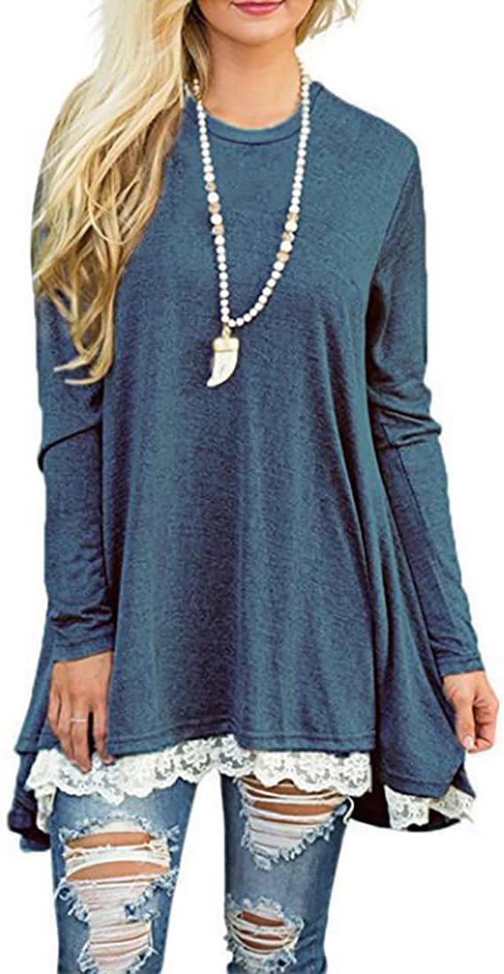 Women's Crew Neck Long Sleeve Lace Splicing Swing Shirt Dresses Long Tunic Blouses Shirts for Leggings - Image 2