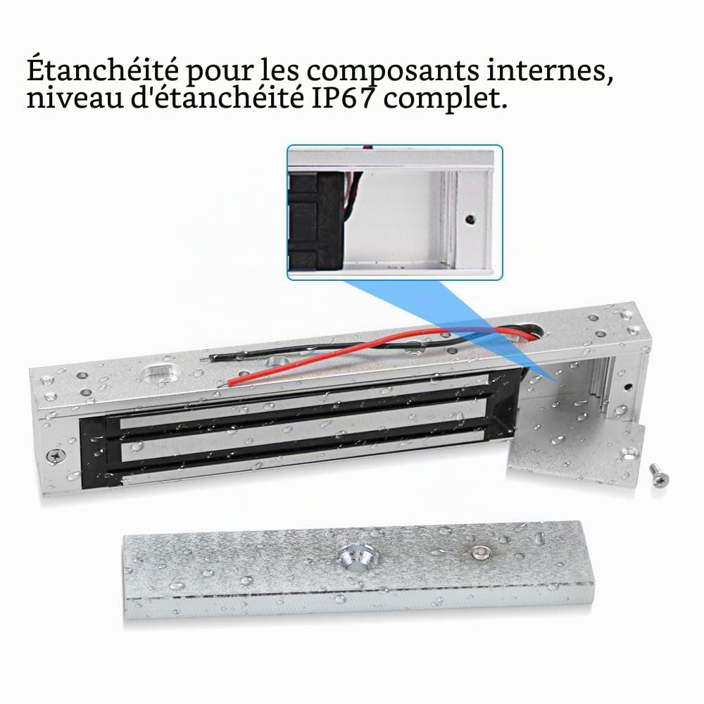 Verrou magnétique électrique étanche 280 kg avec force de maintien, 12 V CC, serrure électromagnétique, contrôle d'accès, peut être installé à l'extérieur