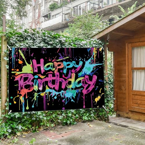 Neon Geburtstag Banner, Happy Birthday Banner Deko für Kinder, Extra Großes Geburtstag Party Hintergrund Banner für Mädchen und Jungen (Bunte Graffiti-Spritzerfarbe), 210x150 cm