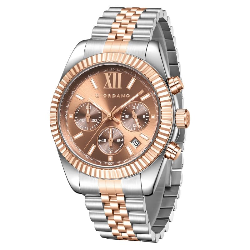Image of Giordano Chronograph Watch for Men with Round Sunray Dial, Quartz Movement, Three Sub-Dials, Date Display, Roman Numeral Marker, Stainless Steel Strap - GZ-50217