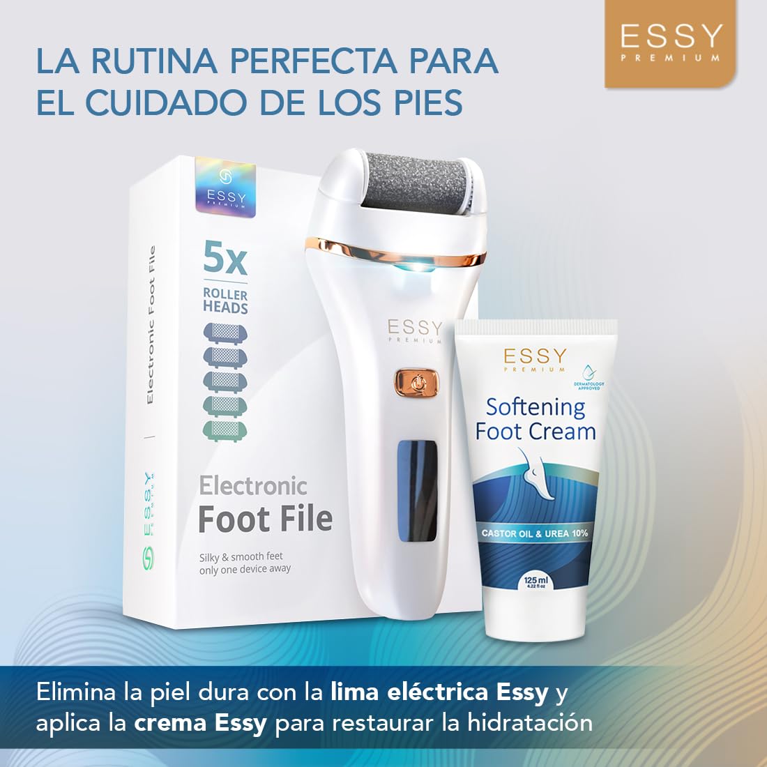 Essy Lima Eléctrica para Pies con 5 Rodillos de Repuesto – Removedor de Callos Recargable, 2 Velocidades, Pantalla LED, Carga USB, Kit de Pedicura (Blanco)