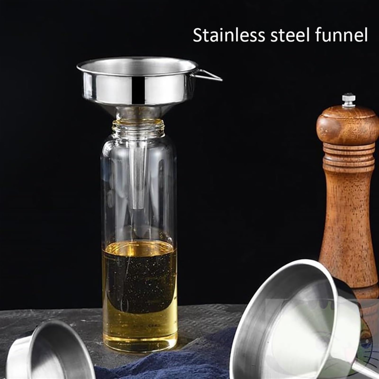 Großer Trichter aus Edelstahl for die Küche, eingedickte Lebensmittel mit Siebfilter, Metallkochen, Umfüllen von flüssigem Pulverkorn – Silber(23.5 * 23cm)