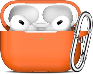 جراب سيليكون لسماعات آبل ايربودز برو الجيل الثاني 2022 والجيل الأول 2019 اكسسوارات حماية كاملة مع إضاءة ليد أمامية مرئية للرجال والنساء من ار-فان، لون برتقالي