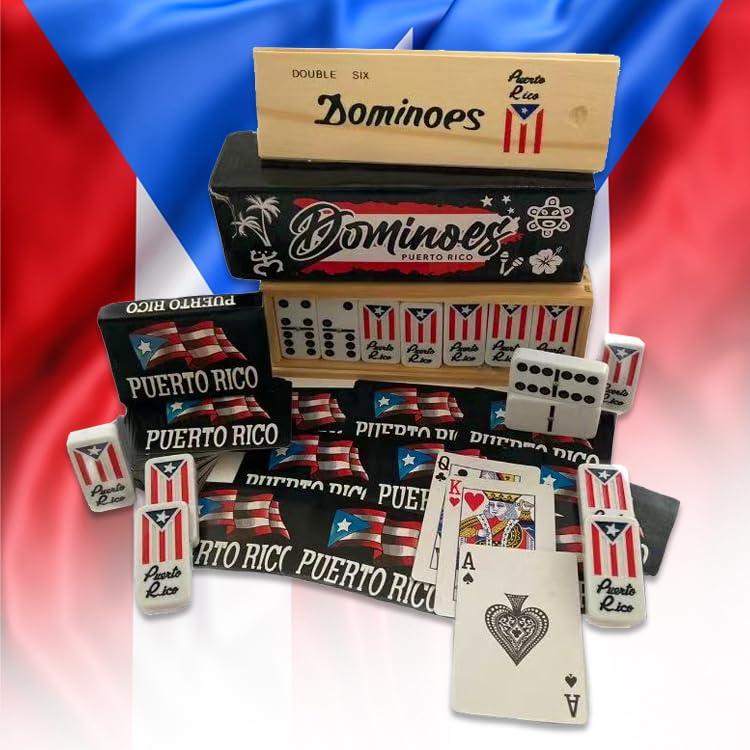 Puerto Rico Dominoes Double Six Set & Puerto Rican Cards Classic 28 Tile Set & Full Deck with Flag Design Fun, Culture Inspired, Travel Ready Set