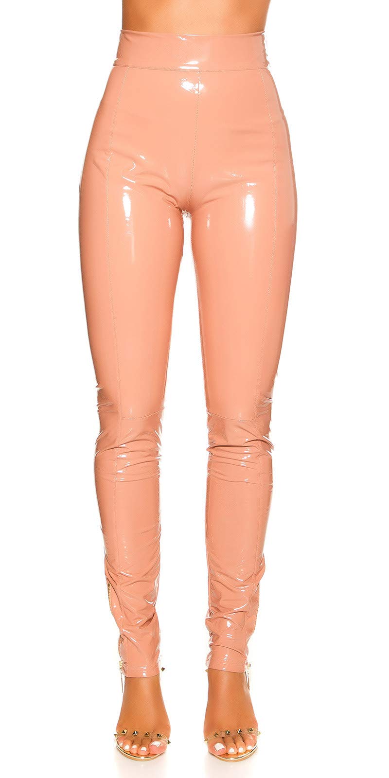 Koucla high waist pants wetlook leather look patent leather look ladies pants with zips (old pink, M)