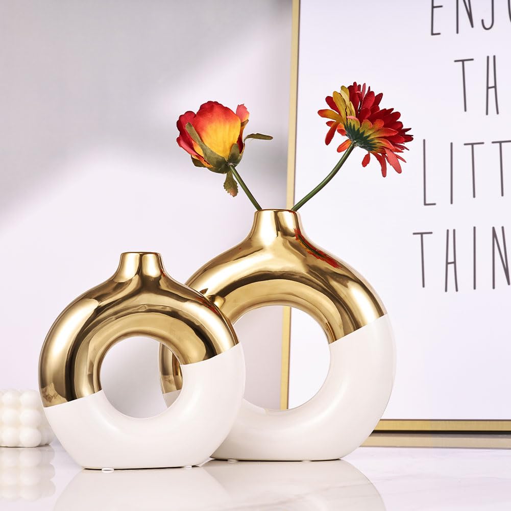 Set di 2 vasi in ceramica bianca e oro, vaso da fiori per decorazione domestica, vaso a ciambella per scaffale, vaso decorativo moderno bohémien, vaso rotondo per erba della pampa, perfetto per tavolo