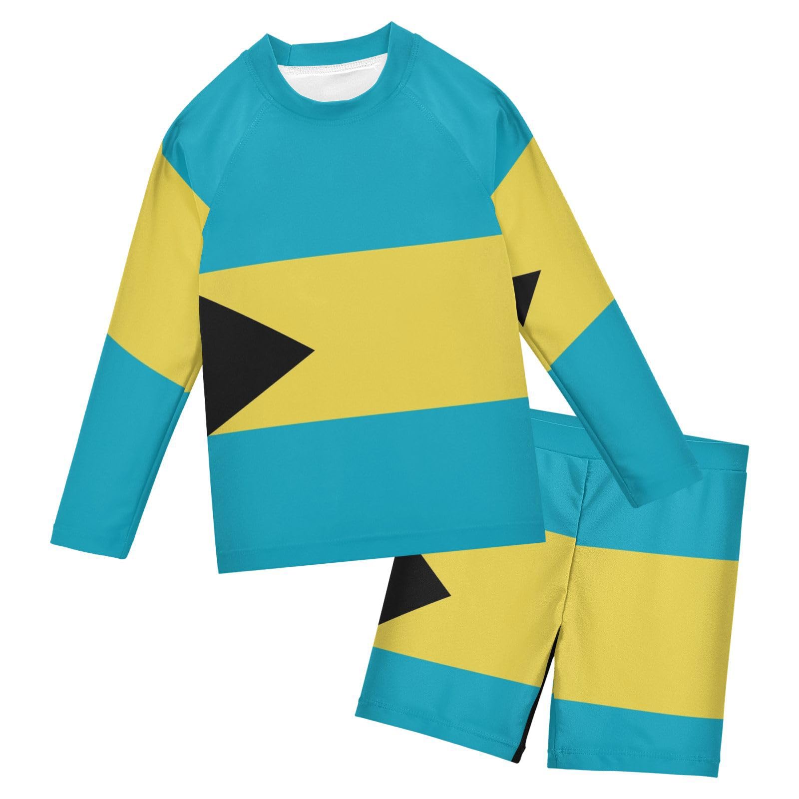 Aflyko Patriot Boys 2-Piece Swimwear Bahamas Flag Rashguard Set Swim Trunks with Shirt Soft Fabric Board Shorts Comfy for Everyday Swimmer, 5-6T Multicoloured