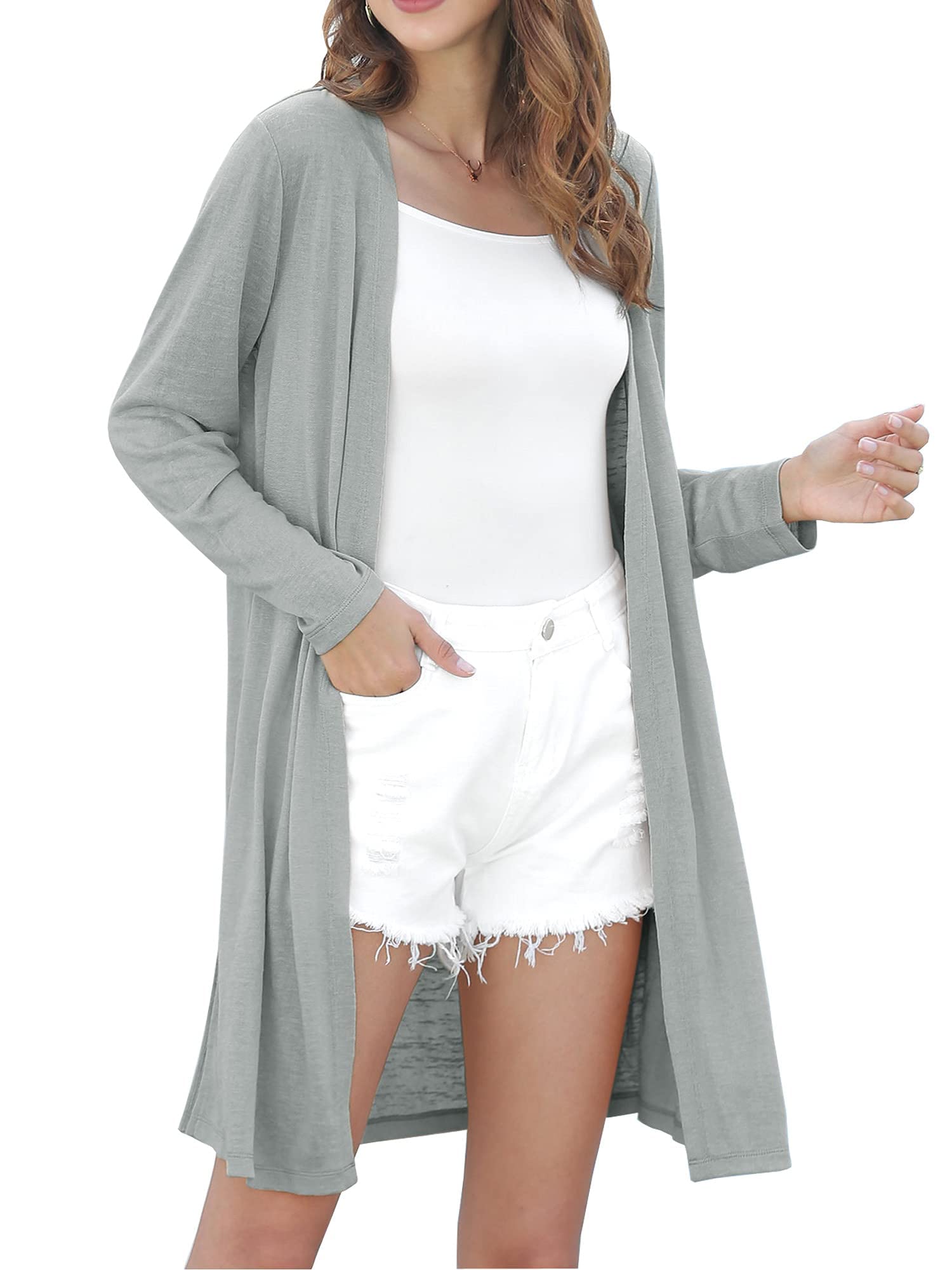 Woolicity Gedrapeerde damesvest met open voorkant, lange cardigan, lichtgewicht, zomer, lange mouwen, stofvest, mintgroen, S
