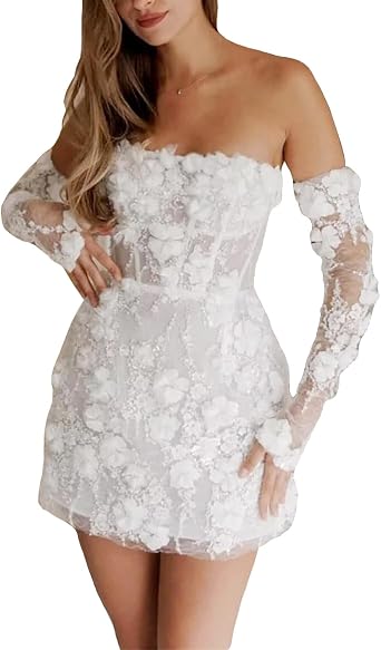 Short Wedding Dresses for Bride Strapless Long Sleeve 3D Floral Applique Tulle Bridal Gown Mini Prom Party Dress