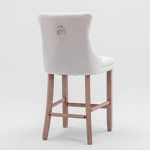 Miniatura 6 de i-POOK Juego de 2 taburetes de bar de altura de mostrador, taburetes de bar tapizados de terciopelo con patas de madera maciza, botones copetudos y