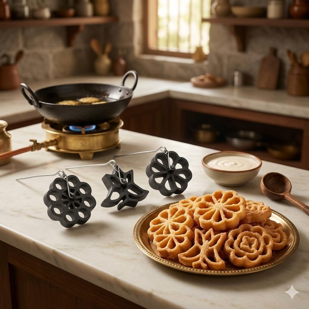 MYNAKSHA Molde antiadherente de acero inoxidable para hacer Achumurukku, para hacer galletas de rosas, marco para hacer galletas, con mango frío, paquete de 3