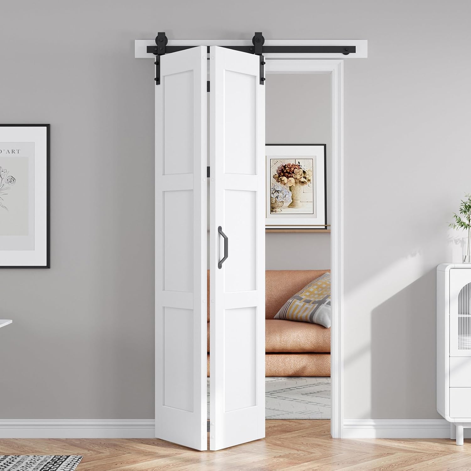 FREDBECK 42X84(Double 21x84) Bifold Door Bi-fold Barn Doors White Double with 46" Hardware Track Kit Included,Solid MDF with Water-Proof PVC Surface for Closet,Assembly Required White 42" (21x2) x 84"