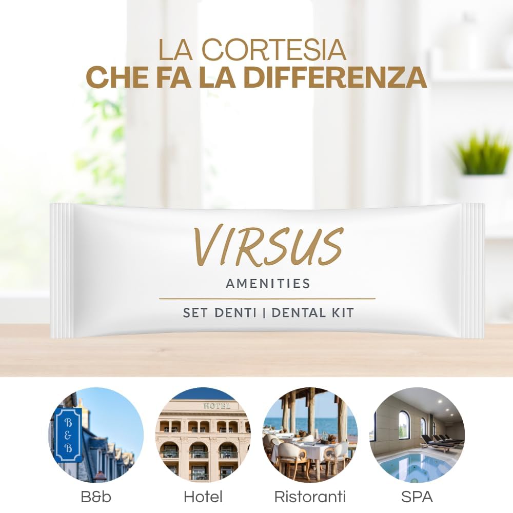 Virsus Set Igiene Orale monouso imbustato, confezione Flowpack bianca, spazzolino denti trasparente e tubetto Dentifricio da 5ml, per Albergo Hotel B&B Host, Set da Viaggio Linea cortesia (100)