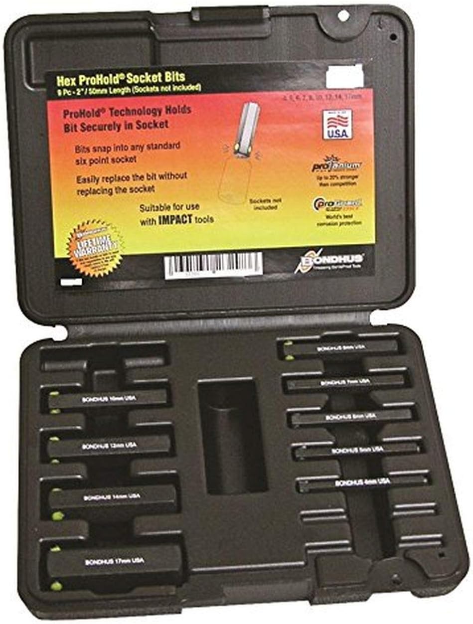 Bondhus - PHX92C 23299 ProHold Socket Hex Bits Set, 2", 9 Piece