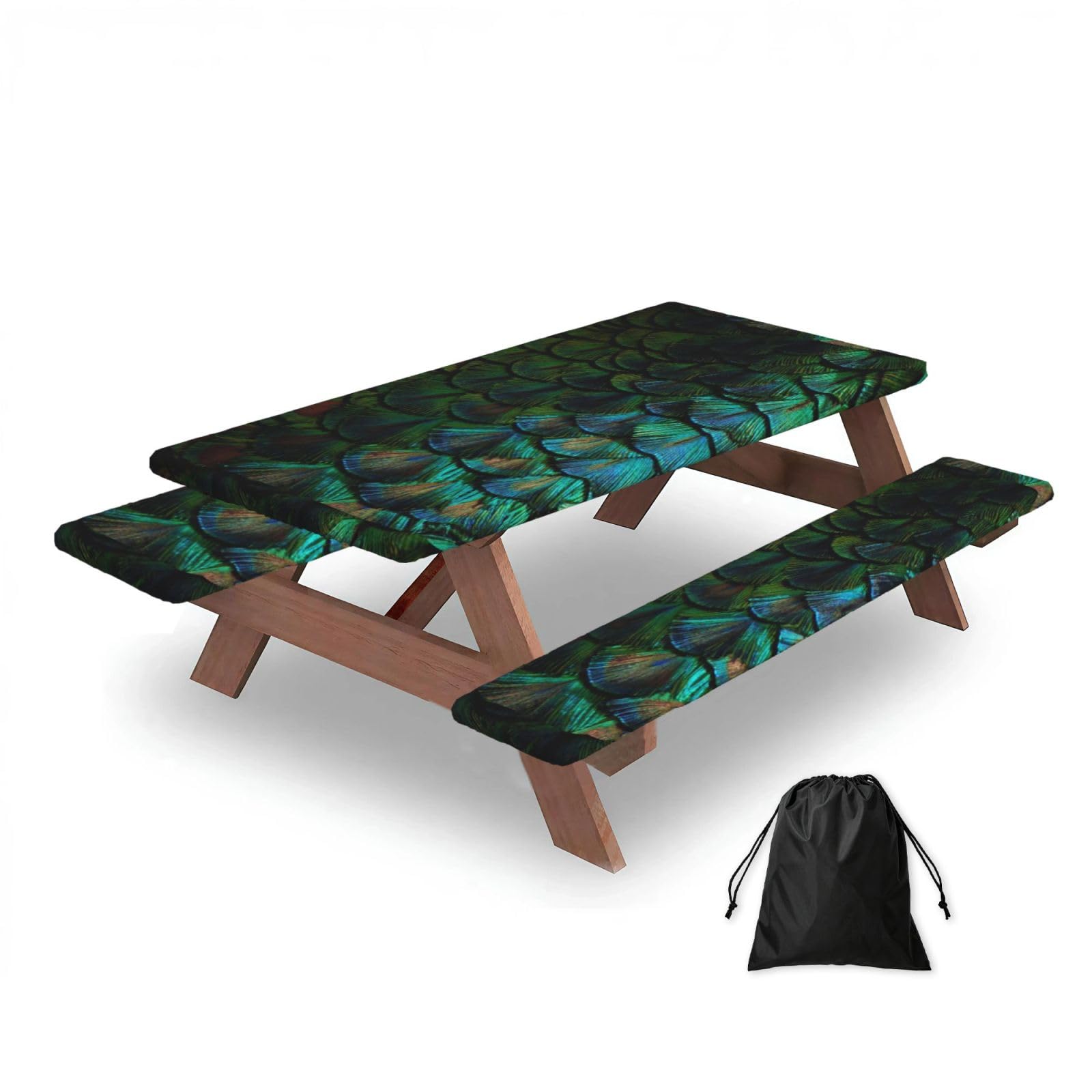 Dopklna As Picture Beautiful Peacock Feather, Picnic Table Cover With Bench Covers -Waterproof Elastic Fitted Tablecloth For Garden Camping Patio 76X152cm