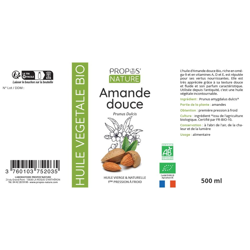 Huile d'Amande Douce Bio - Prunus Amygdalus Dulcis Oil - Huile vierge - 100% pure et naturelle - 500ml - PROPOS'NATURE