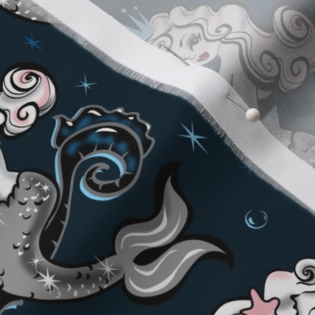 Spoonflower Fabric - Mermaid Medium Mermaids Retro Vintage Seahorse Printed on Organic Cotton Sateen Fabric by The Yard - Sewing Quilting Apparel Home Decor
