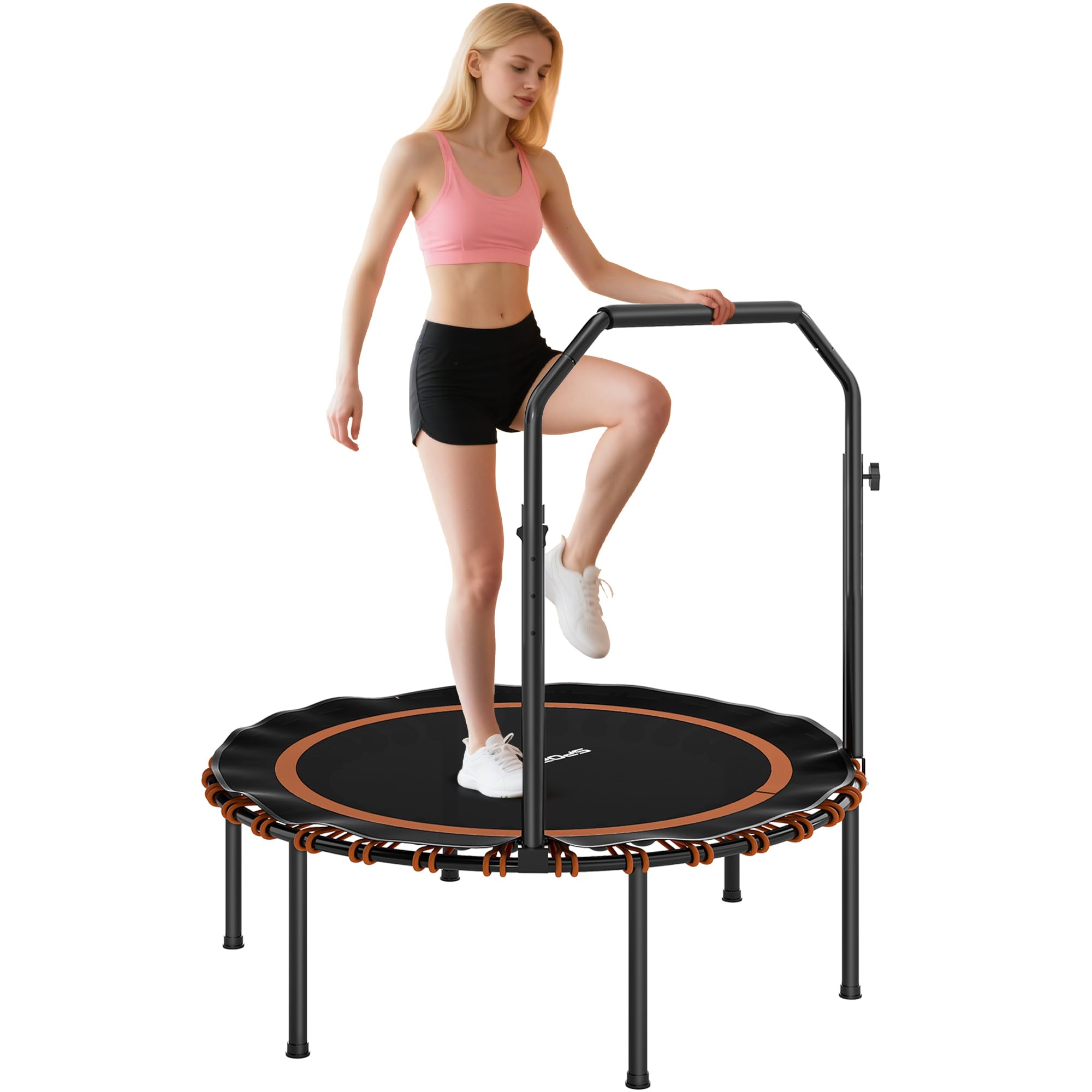 SPORTNOW 40'' Foldable Fitness Trampoline, Mini Trampoline Bungee Rebounder with 5-Level Adjustable Handle for Adults Indoor Outdoor Exercise, Max Load 150kg, Orange