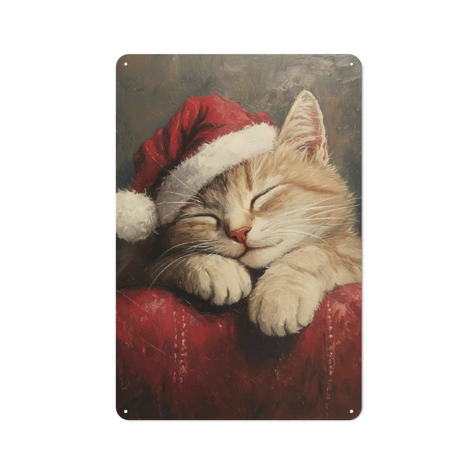 Junmoney Sleeping Kitten In Santa Hat Retro Tin Wall Plaque 30X20cm For Home Office Or Studio, Wall Decoration For Home Offices And Studios