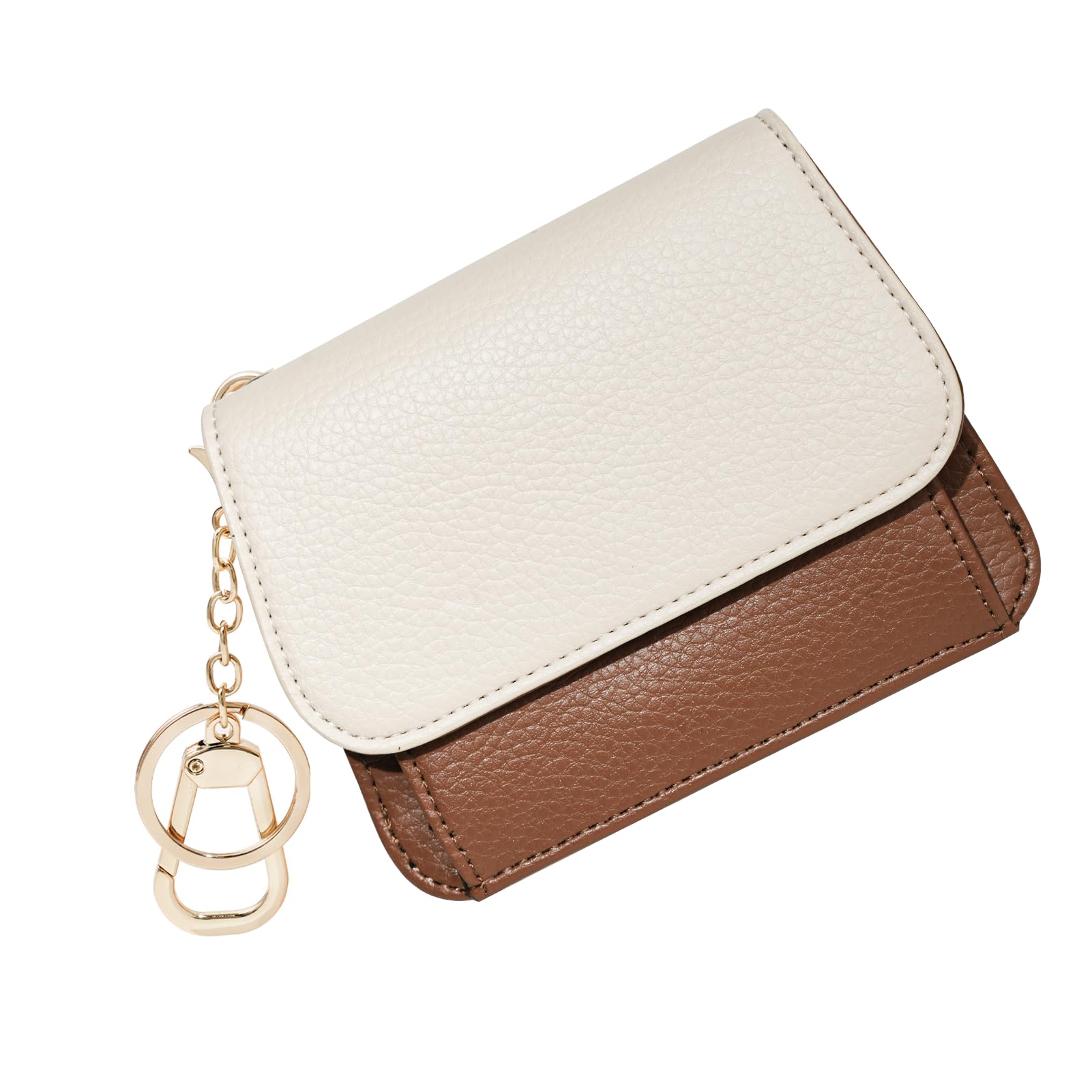Sunpour Women Small Wallet RFID Blocking Slim Wallet with Coin Pocket Tri-Fold Credit Card Holder with ID Window and Keychain(Beige＆Brown)