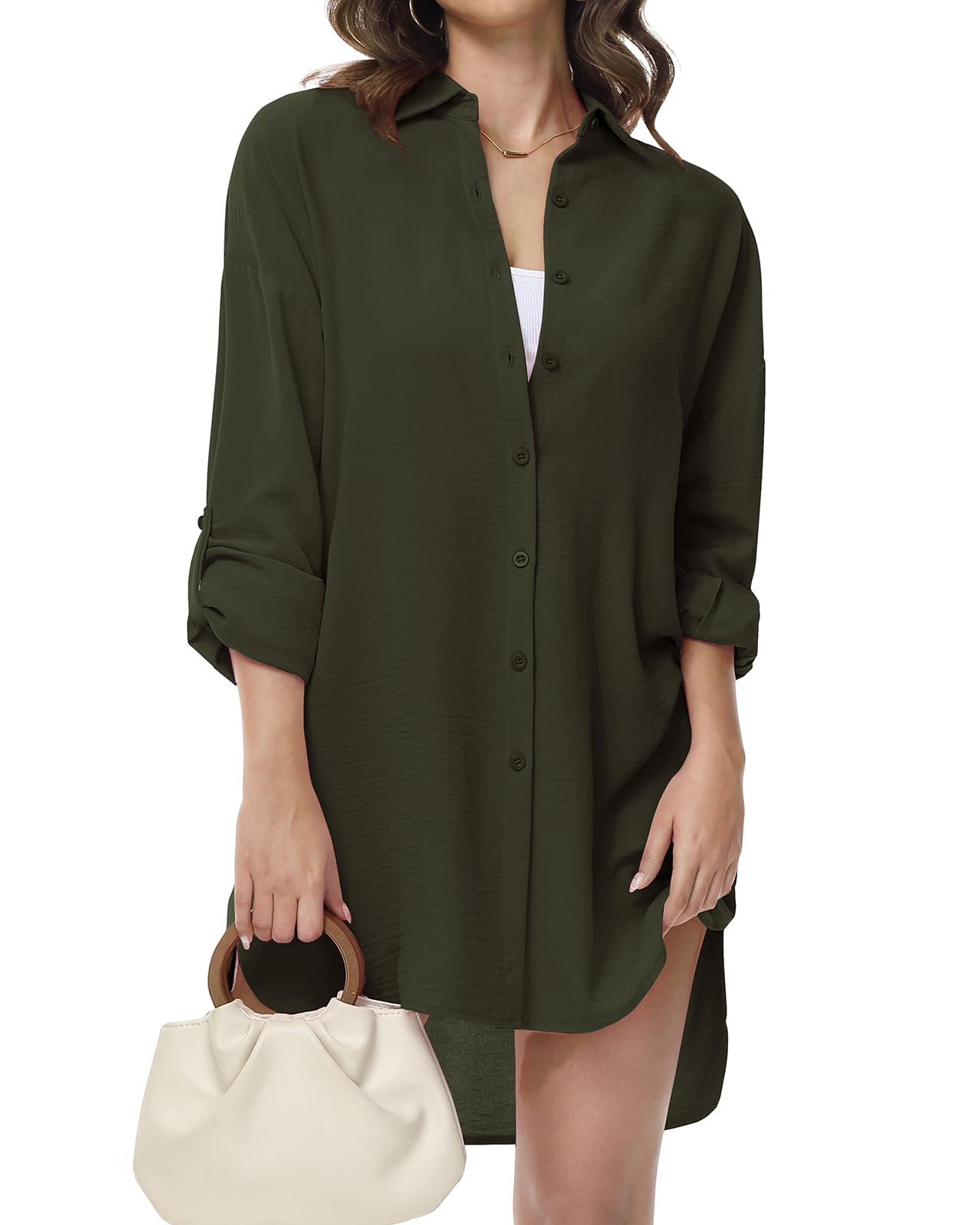 Tanmolo Damen Bluse V-Ausschnitt Hemdbluse Langarm Lässiges Hemd zum Knöpfen Langarmshirt Casual Oberteile Aufrollen Tops