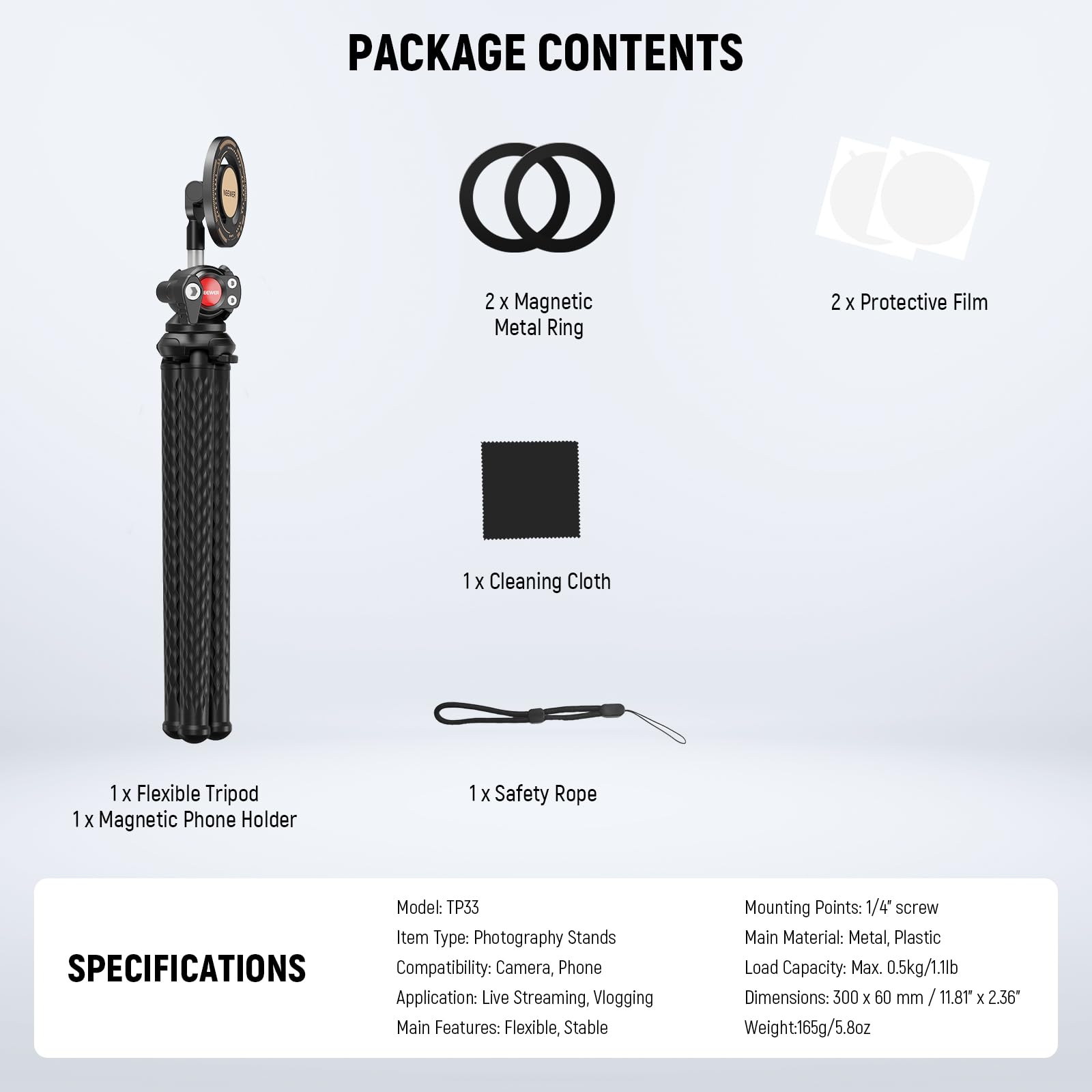 NEEWER Trípode magnético Flexible para teléfono Compatible con Magsafe iPhone 15 Pro MAX 14 Series Android, Mini Vlog Soporte de trípode para teléfono Celular con Cabeza de Bola para Cochecito,