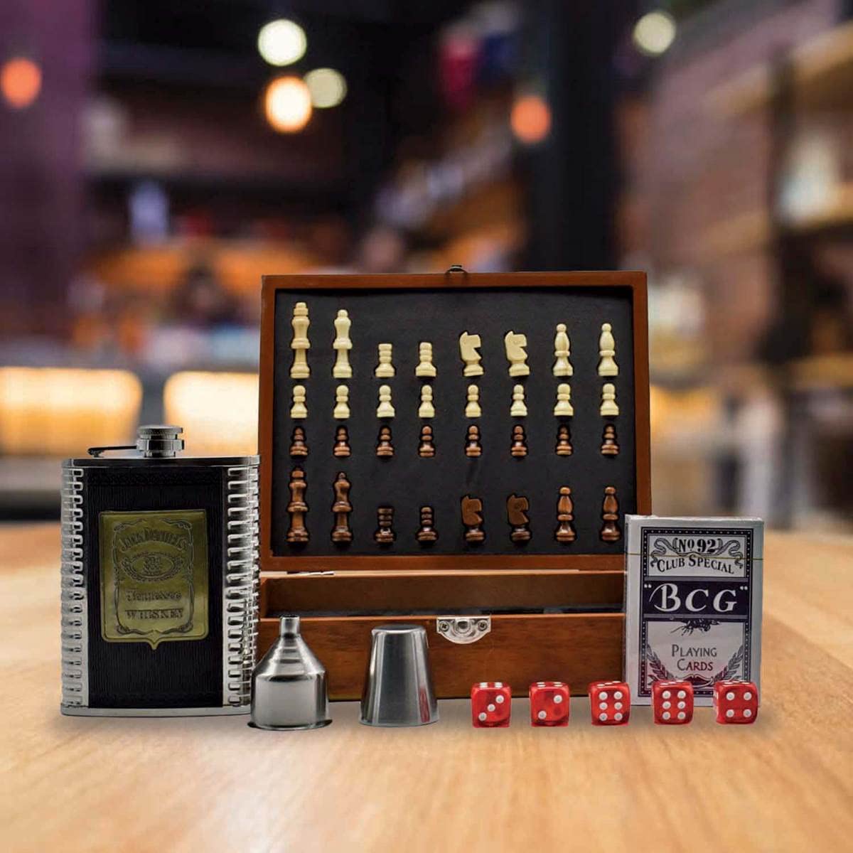 Kookee Stainless Steel Barware Set - 1 Hip Flask (8oz), 1 Short Glass, 1 Funnel and Playing Game and Card and Dice with Gift Box, Mini Drinking Box