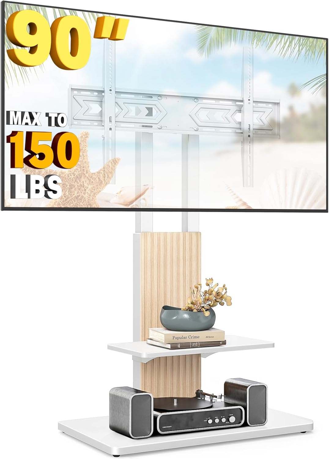 TVON Heavy Duty Floor TV Stand for 55-90 inch Large TVs up to 150 lbs, Tall TV Stand with Height Adjustable Mount, Universal TV Mount Stand with Large Storage Shelf and Wooden Base, White and Oak